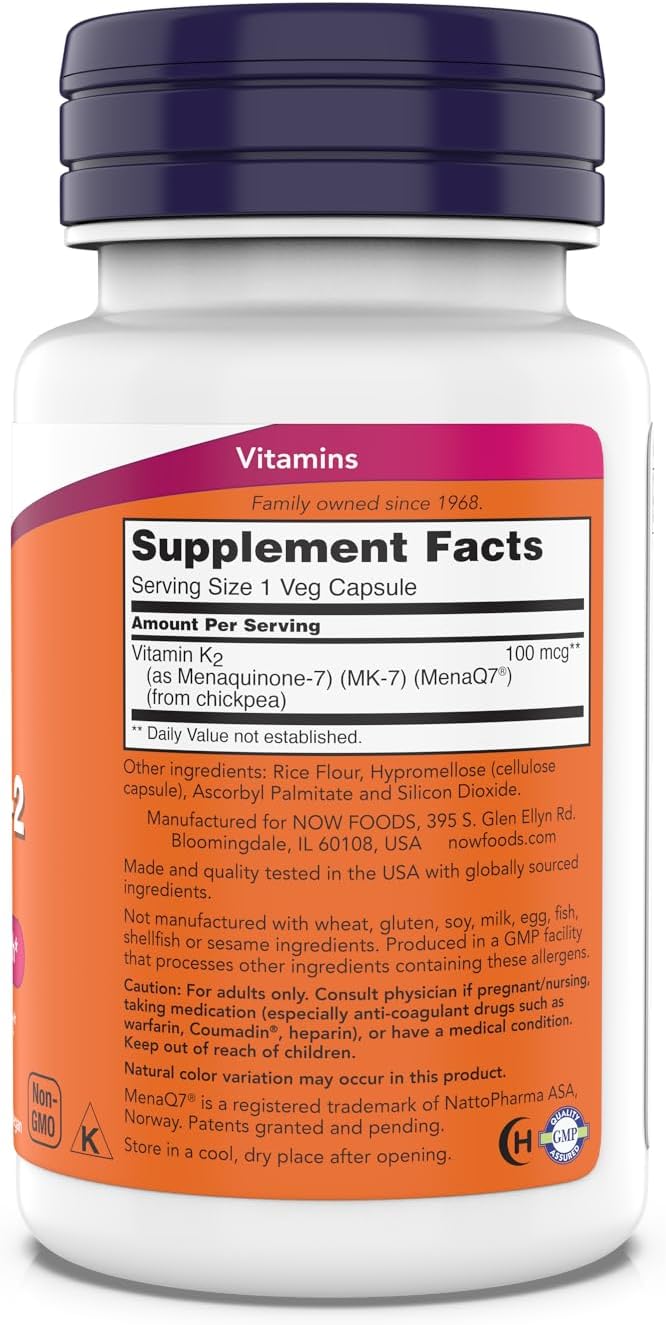 Now Supplements, MK-7 Vitamin K-2 100 mcg, Cardiovascular Support*, Supports Bone Health*, 180 Veg Capsules