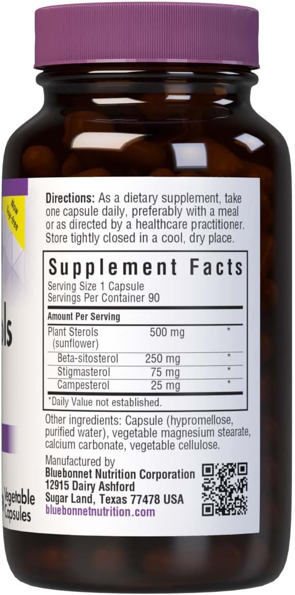 Bluebonnet Nutrition Plant Sterols 500mg Heart Health Supplement for Men & Women* - Non-GMO Beta-Sitosterol from Sunflower Oil - Vegan, Gluten-Free - 90 Vegetable Capsules