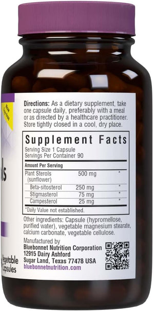 Bluebonnet Nutrition Plant Sterols 500mg Heart Health Supplement for Men & Women* - Non-GMO Beta-Sitosterol from Sunflower Oil - Vegan, Gluten-Free - 90 Vegetable Capsules