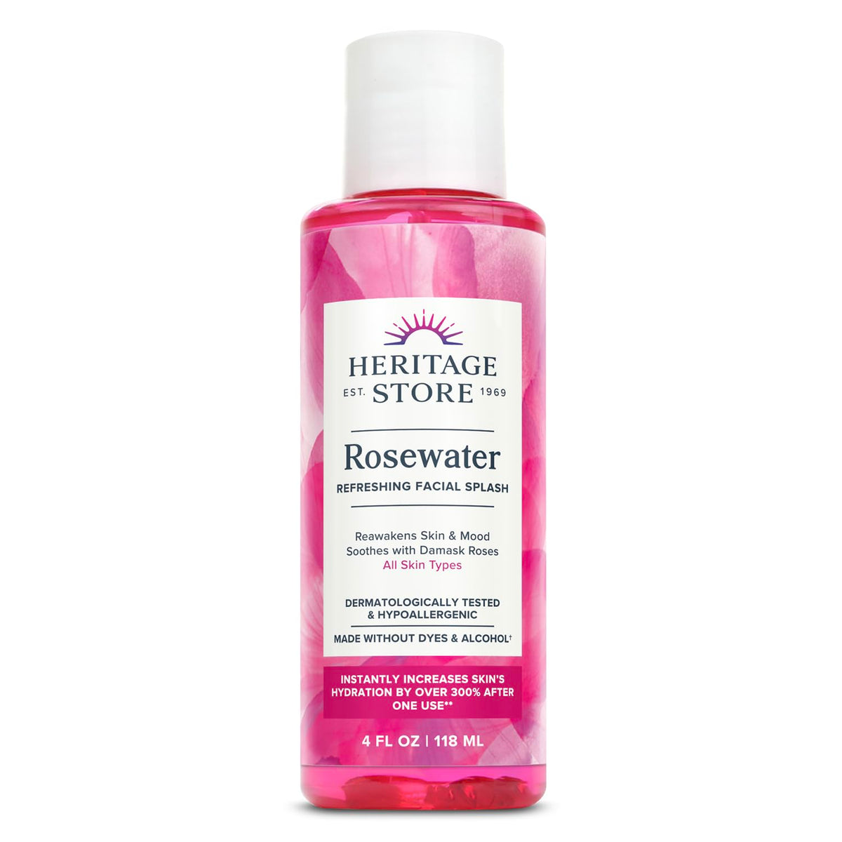 HERITAGE STORE Rosewater - Refreshing Splash for Glowing Skin with Damask Rose - All Skin Types - Hydrating Rose Water for Face - Made Without Alcohol, Hypoallergenic, Vegan, 60-Day Guarantee, 4oz