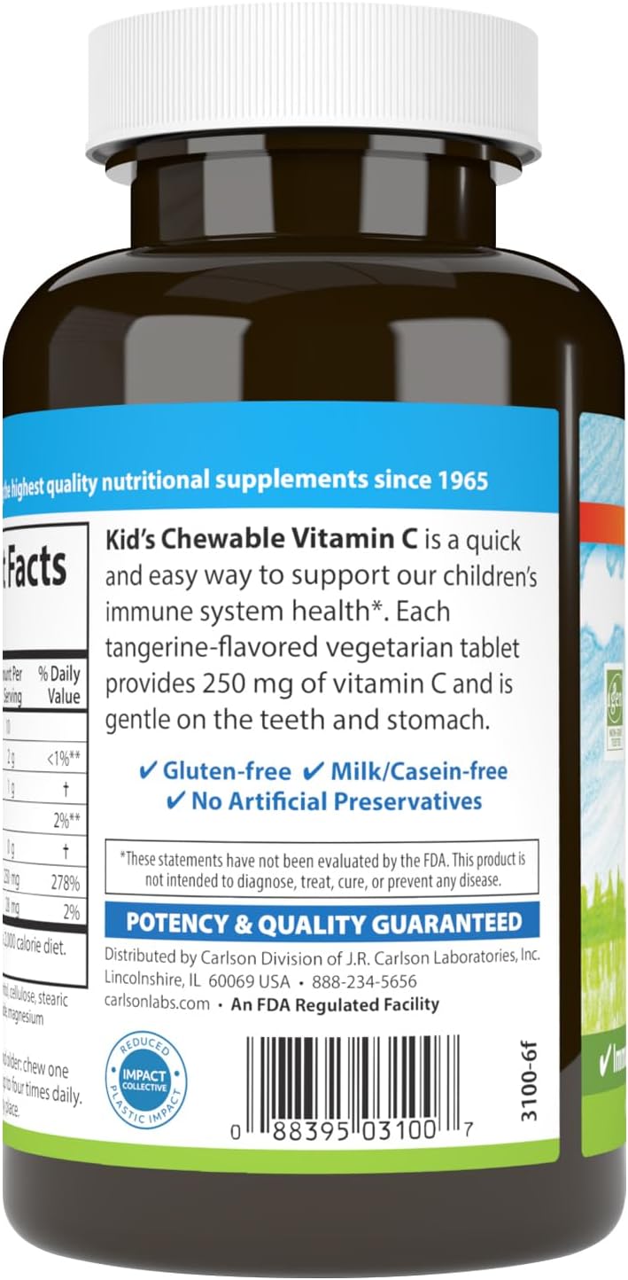 Carlson - Kid&#39;s Chewable Vitamin C, 250 mg, 1 g of Sugars, Immune Support &amp; Optimal Wellness, Antioxidant, Tangerine, 60 Vegetarian Tablets