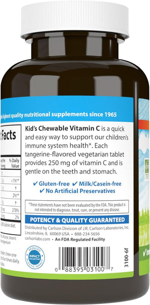 Carlson - Kid's Chewable Vitamin C, 250 mg, 1 g of Sugars, Immune Support & Optimal Wellness, Antioxidant, Tangerine, 60 Vegetarian Tablets