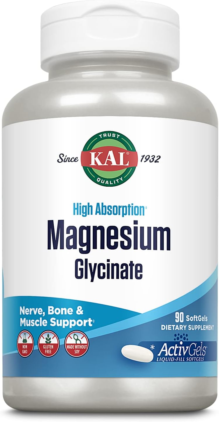 KAL Magnesium Glycinate ActivGels 315mg, High Absorption Magnesium Supplement for Muscle, Nerve & Bone Health Support, Non-GMO, Gluten Free, 30 Servings, 90 Softgels