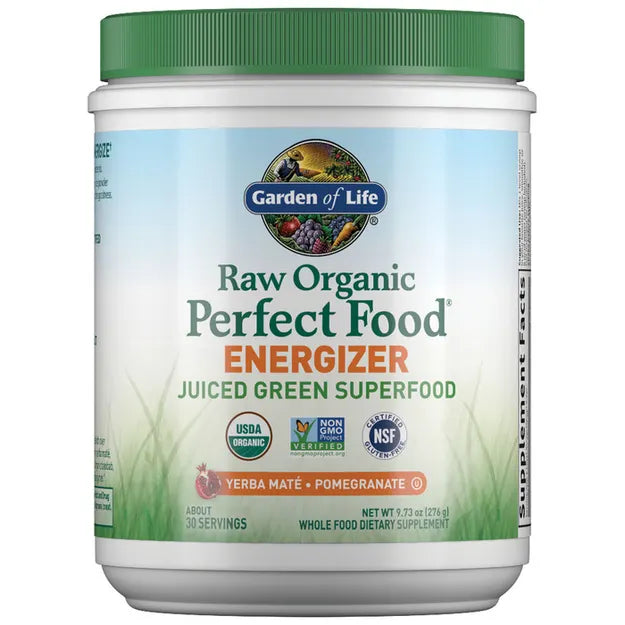 Garden of Life Raw Organic Perfect Food Energizer Juiced Green Superfood Powder - Yerba Mate Pomegranate, &amp; Probiotics, Gluten Free Whole Food Greens Supplements, 30 Servings, 9.73 Oz