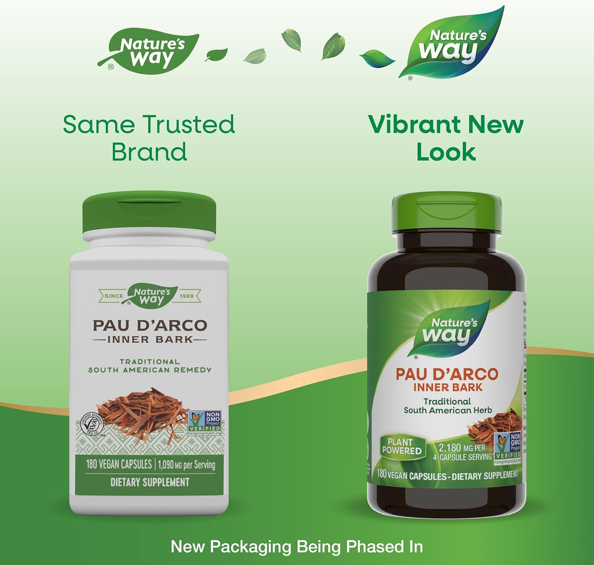 Nature&#39;s Way Pau d&#39;Arco Inner Bark, Traditional South American Herb, 2,180 mg per 4-Capsule Serving, Non-GMO Project Verified, 180 Capsules