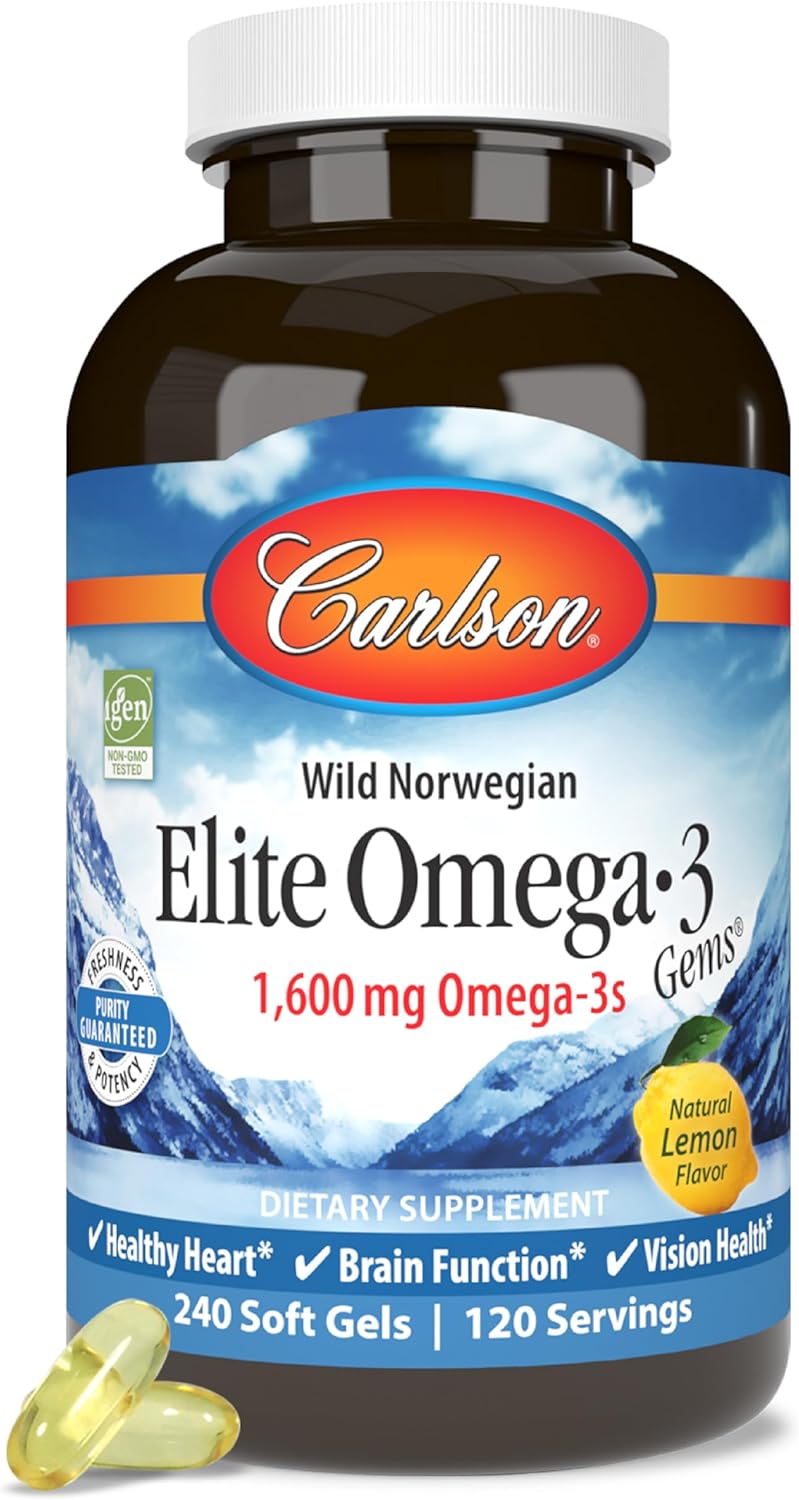 Carlson Elite Omega-3 Gems, 1600 mg Omega-3 with EPA &amp; DHA, Lemon Flavor, 240 Softgels – Wild-Caught Norwegian Fish Oil, Sustainably Sourced