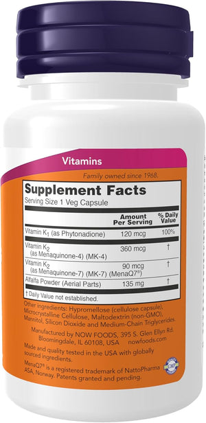 NOW Foods Supplements, MK-7 Plus with K1 & MK-4, Supports Bone Health*, 90 Veg Capsules