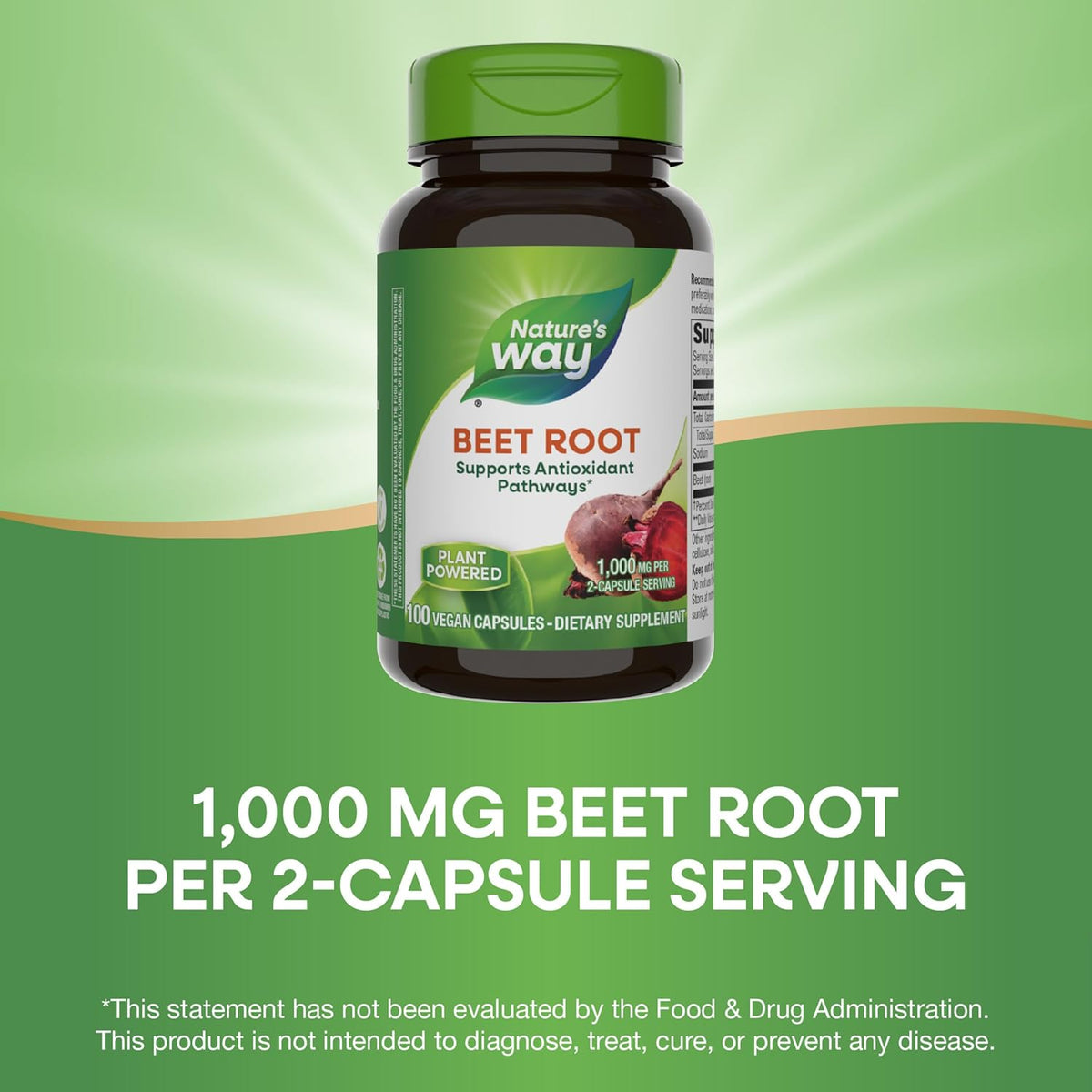 Nature's Way Beet Root, Supports Antioxidant Pathways*, Helps Neutralize Free Radicals*, 1,000 mg per 2-Capsule Serving, Vegan, 100 Capsules