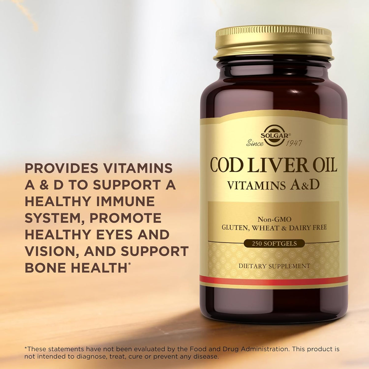 SOLGAR Cod Liver Oil - 250 Softgels- Provides Vitamins A & D - Non-GMO, Gluten Free -250 Total Servings