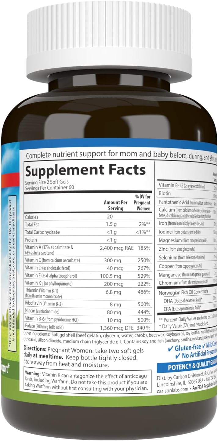 Carlson Labs Pre-Natal Multivitamin Tablets with DHA, 120 Count