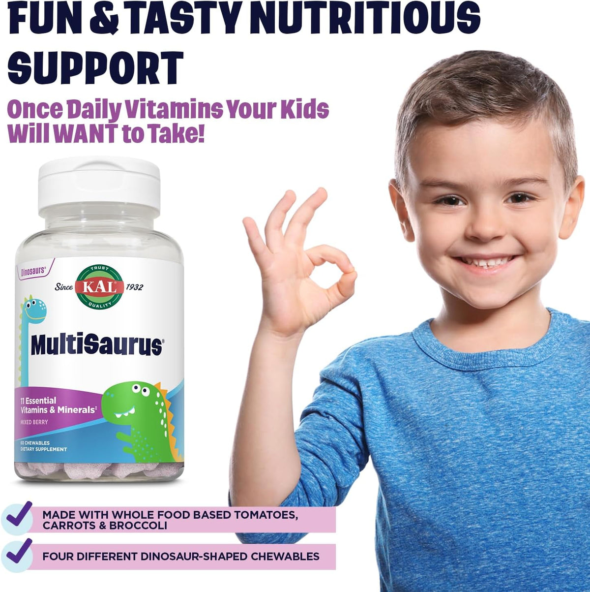 KAL MultiSaurus Kids Chewable Multivitamins, 11 Essential Vitamins and Minerals for Kids, Mixed Berry Flavor, Gluten and Preservative Free, 60 Servings, 60 Dinosaur-Shaped Chewables