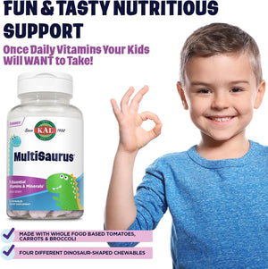 KAL MultiSaurus Kids Chewable Multivitamins, 11 Essential Vitamins and Minerals for Kids, Mixed Berry Flavor, Gluten and Preservative Free, 60 Servings, 60 Dinosaur-Shaped Chewables
