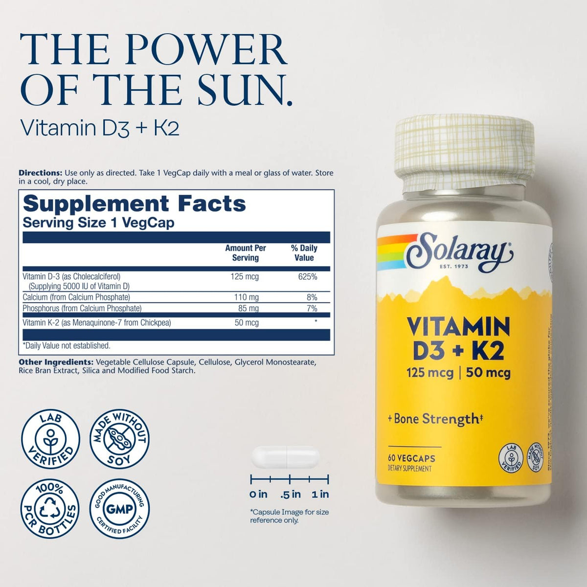 SOLARAY Vitamin D3 K2, K2 D3 Vitamin Supplement for Calcium Absorption, Bone Strength, Cardiovascular & Immune Function Support, Made Without Soy, 60-Day Guarantee, 60 Servings, 60 VegCaps