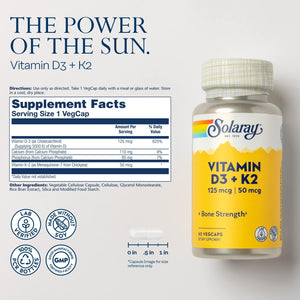 SOLARAY Vitamin D3 K2, K2 D3 Vitamin Supplement for Calcium Absorption, Bone Strength, Cardiovascular & Immune Function Support, Made Without Soy, 60-Day Guarantee, 60 Servings, 60 VegCaps