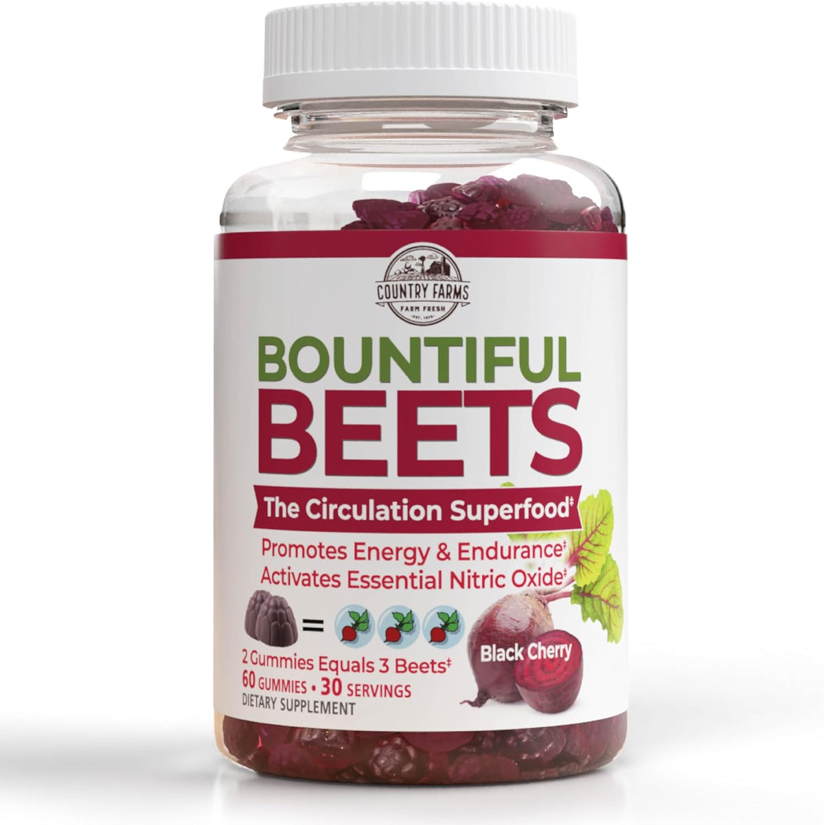 COUNTRY FARMS Bountiful Beets Gummies, Circulation Superfood, Promotes Energy and Endurance, Nitric Oxide Booster, 30 Servings, White, 60 Count