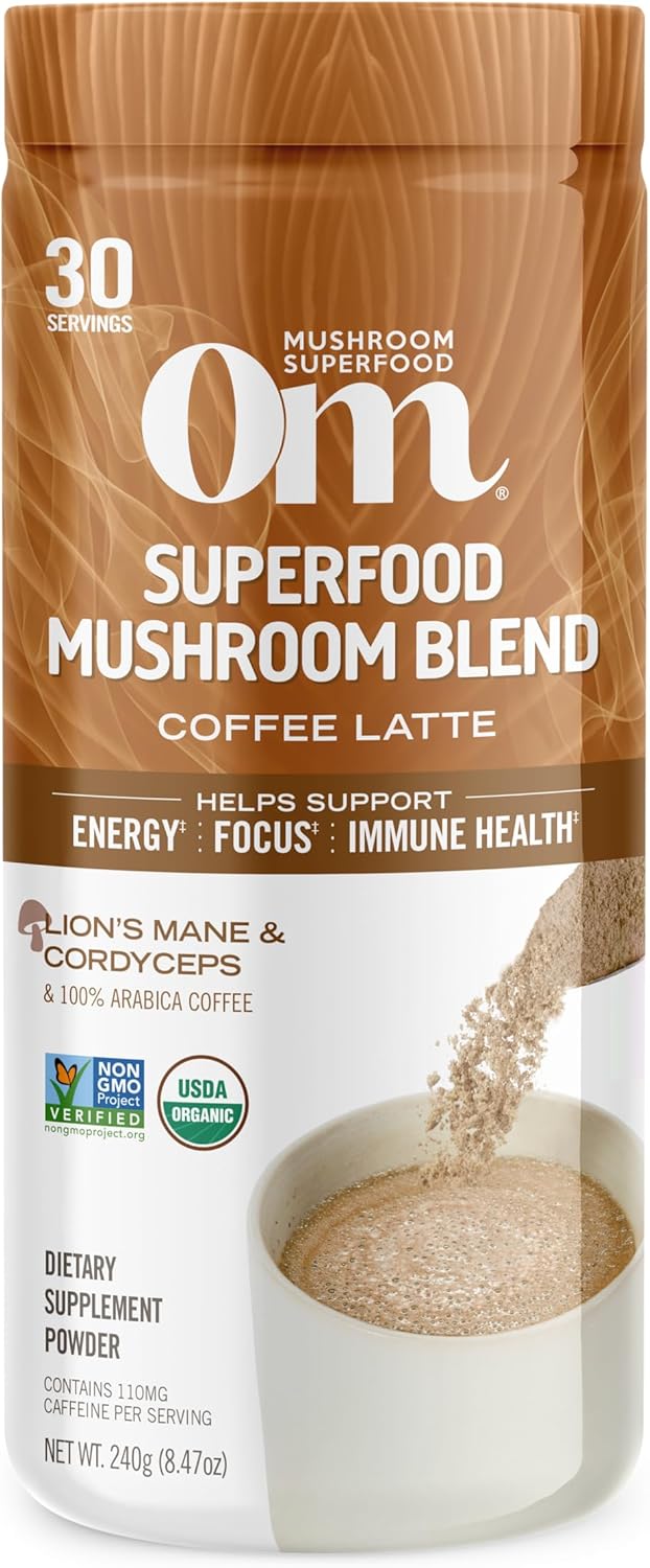 OM MUSHROOM SUPERFOOD Coffee Latte Blend Mushroom Powder, 8.47 Ounce Canister, 30 Servings, Lion&#39;s Mane, Cordyceps, Reishi, Chaga, Energy &amp; Mental Clarity Support Supplement