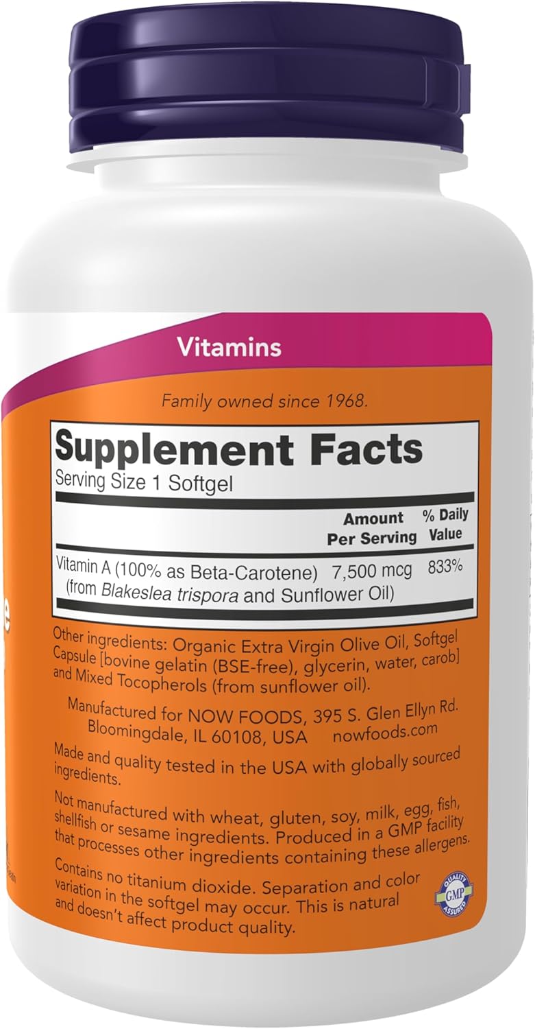 NOW Foods Supplements, Natural Beta Carotene 25,000 IU, Essential Nutrition, 180 Softgels