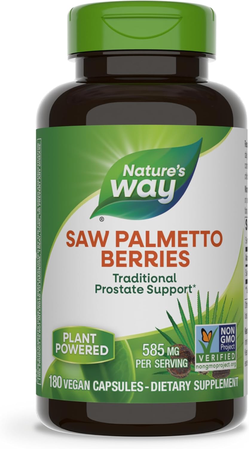 Nature&#39;s Way Saw Palmetto Berries, Traditional Prostate Support*, 585 mg per Serving, Non-GMO Project Verified, Vegan, 180 Capsules