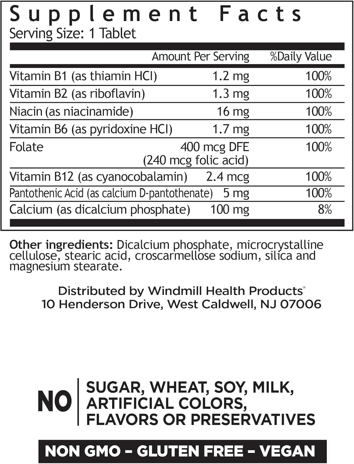 Windmill Natural Vitamins B Complex (100% Daily Value), Boost Energy Production and Promote Metabolism, 100 Tablets, 100 Servings