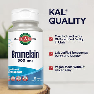 KAL Bromelain 500 mg, Digestion and Joint Support Supplement, Digestive Enzymes, Pineapple Extract, Rapid Disintegration, Vegan, Made Without Dairy or Soy, Lab Verified, 60 Servings, 60 Tablets