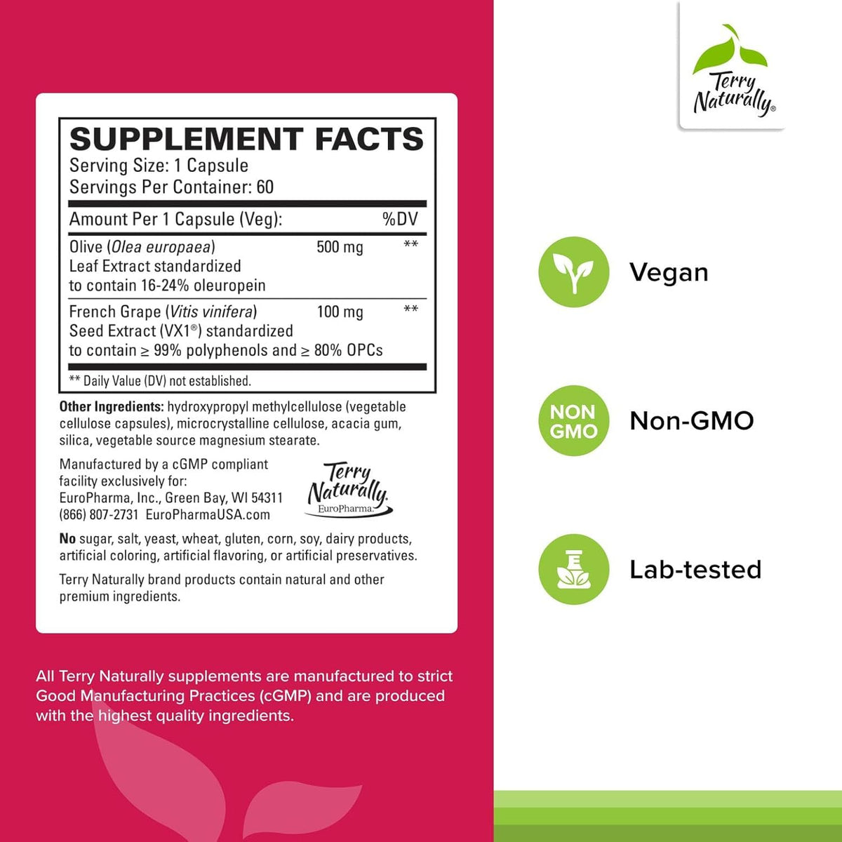 Terry Naturally Blood Pressure Health - Healthy Blood Flow &amp; Circulation Support Supplement - Heart Health Supplement with Antioxidants - Cardiovascular Support - 60 Capsules