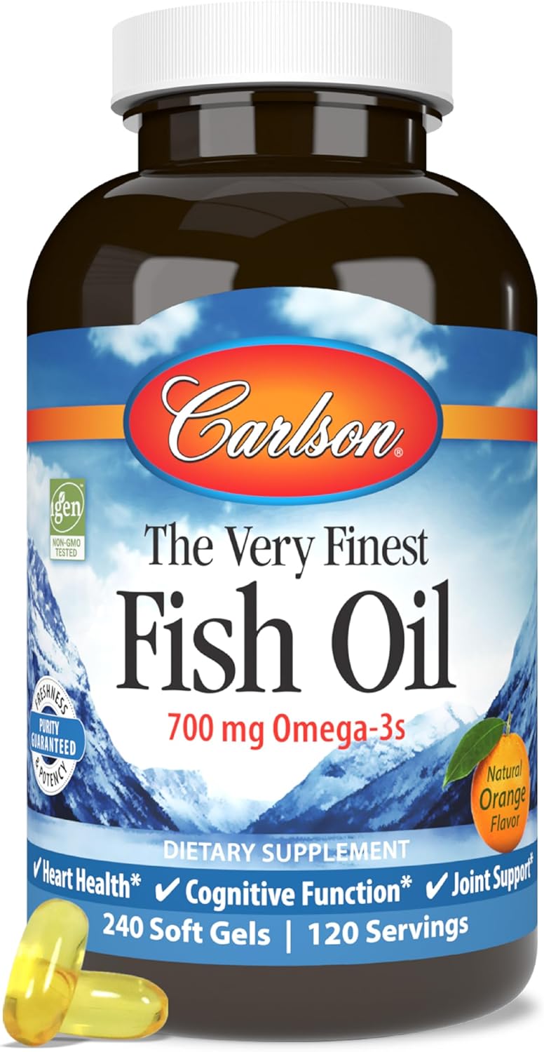 Carlson - The Very Finest Fish Oil, 700 mg Omega-3s, Norwegian, Wild-Caught Fish Oil, Sustainably Sourced Fish Oil Capsules, Orange, 240 Softgels