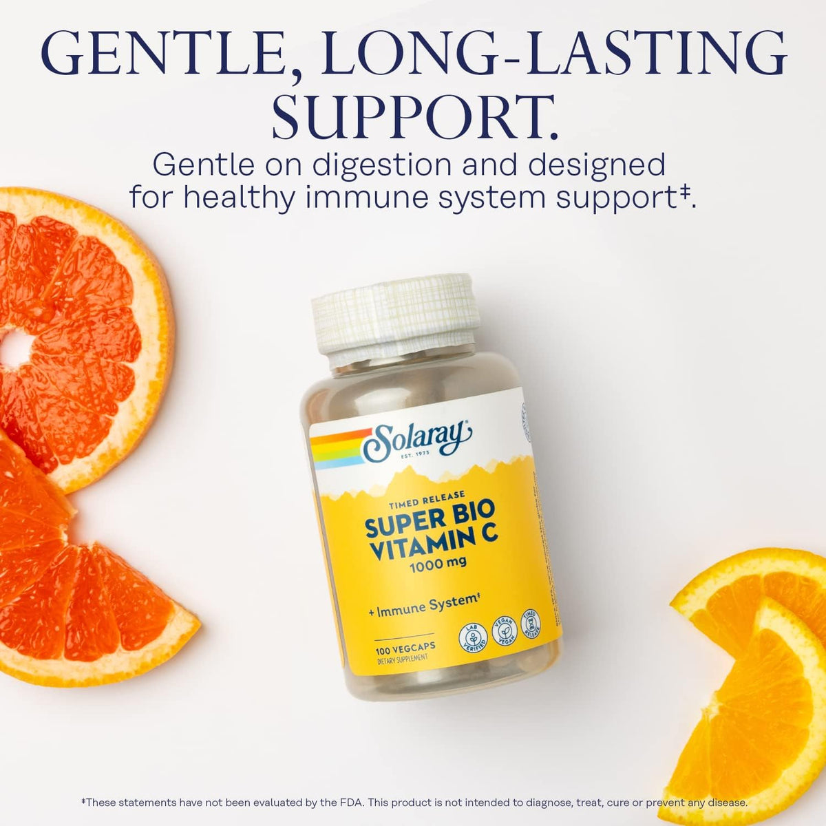 SOLARAY Super Bio Buffered Vitamin C 1000mg, Two-Stage, Timed Release Vitamin C with Bioflavonoids, Immune Support Supplement - High Absorption, Vegan, 60 Day Guarantee, 50 Servings, 100 VegCaps