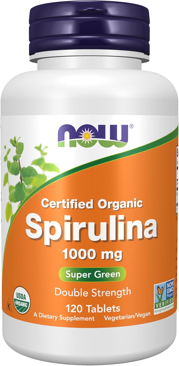 NOW Foods Supplements, Certified Organic, Spirulina 1000 mg (Double Strength), Rich in Beta-Carotene (Vitamin A) and B-12 with naturally occurring GLA , 120 Tablets