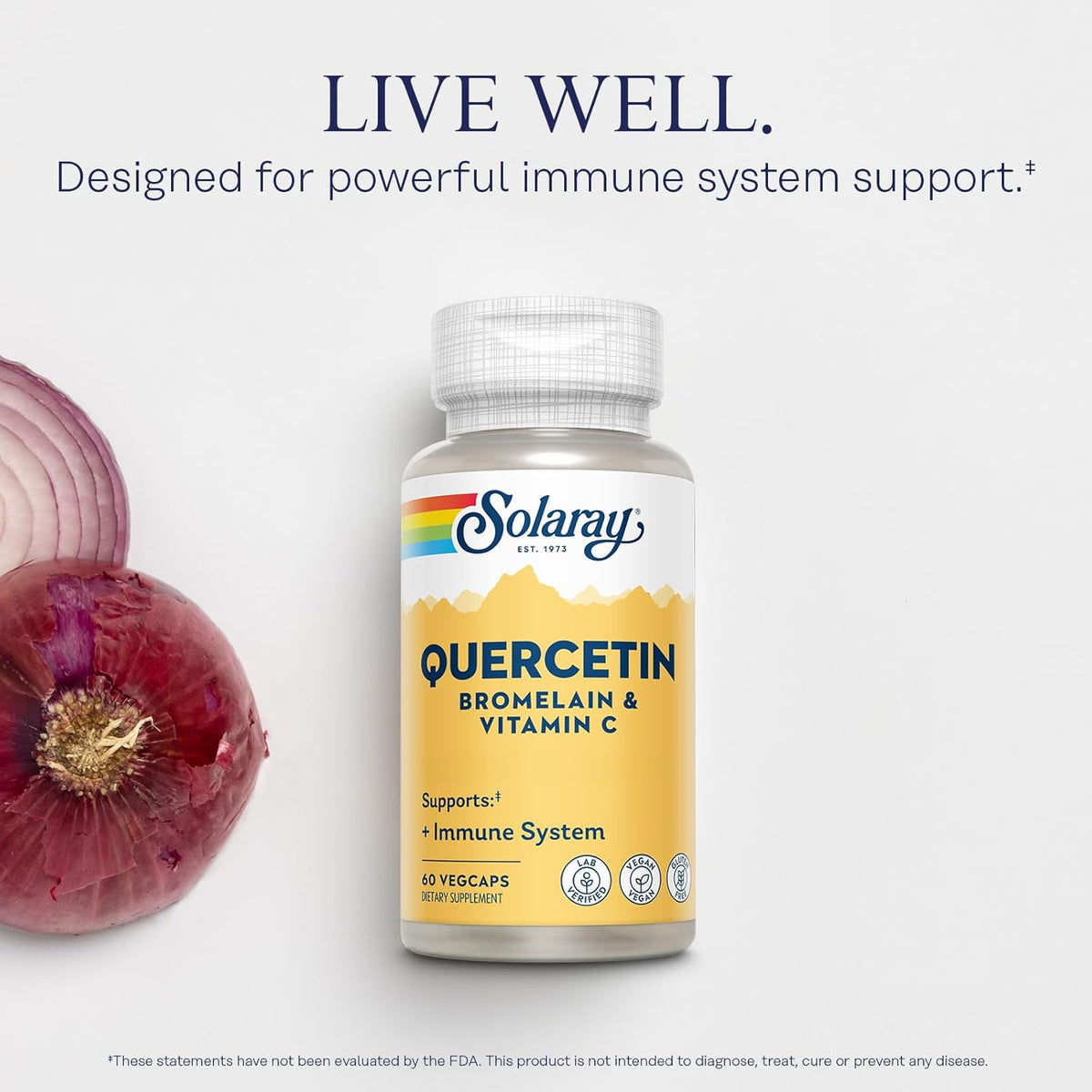 SOLARAY Quercetin with Bromelain and Vitamin C - Immune Support Supplement - Antioxidant and Heart Health Complex with Quercetin 500mg and 1235mg VIT C - Vegan, 60-Day Guarantee, 30 Serv, 60 VegCaps