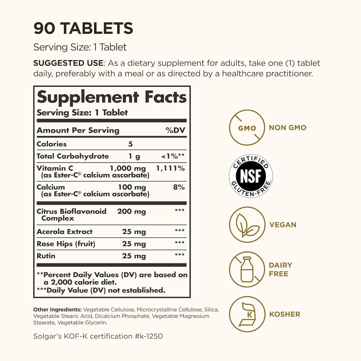 Solgar Ester-C Plus 1000 mg Vitamin C (Ascorbate Complex), 90 Tablets - Gentle On The Stomach &amp; Non Acidic - Antioxidant &amp; Immune System Support - Non GMO, Vegan, Gluten-Free, Kosher - 90 Servings