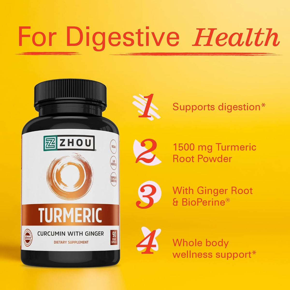 Zhou Turmeric Curcumin with Ginger - Turmeric and Ginger Supplement for Women and Men, Curcuminoids with Black Pepper Extract for Digestion and Digestive Health - 90 Veggie Capsules