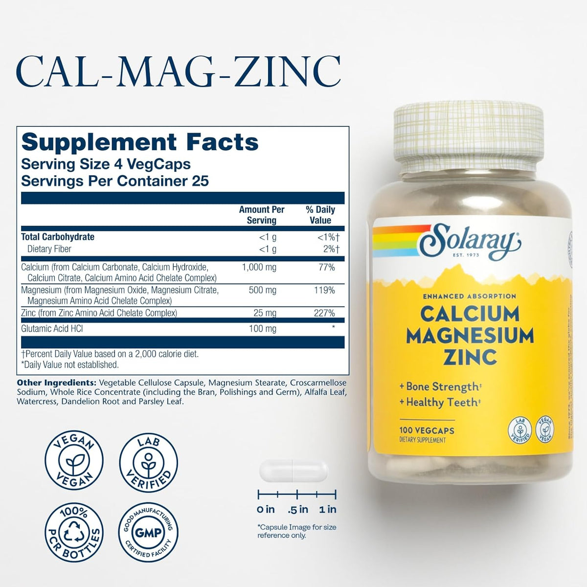 SOLARAY Calcium Magnesium Zinc Supplement - with Calcium 1000mg, Magnesium 500mg - Bone Health, Muscle Function, Heart Health and Immune Support - Vegan, 60 Day Guarantee, 25 Servings, 100 VegCaps