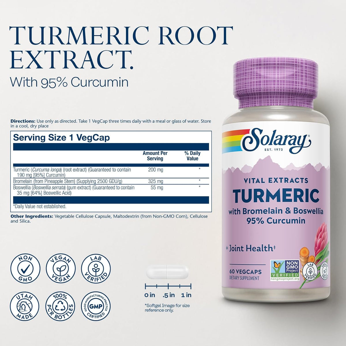 SOLARAY Turmeric Supplement with Bromelain and Boswellia, 95% Curcumin, Turmeric Curcumin Supplement for Joint Support, Gallbladder, Liver Support, Non-GMO, Vegan, 60-Day Guarantee, 60 Servings