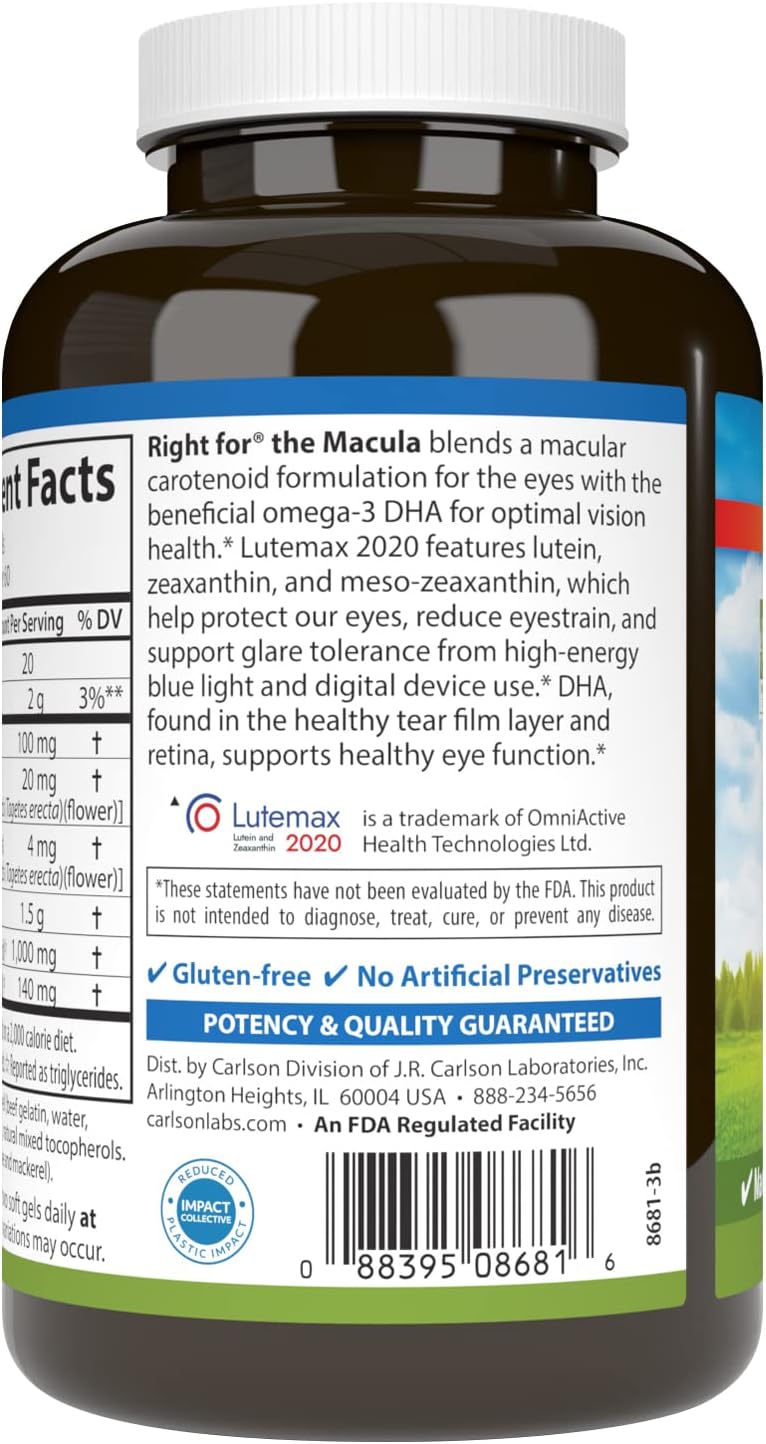 Carlson - Right for The Macula, Clinically Proven to Support Vision Health, Macular Health, Blue Light Protection & Eye Function, 120 Softgels