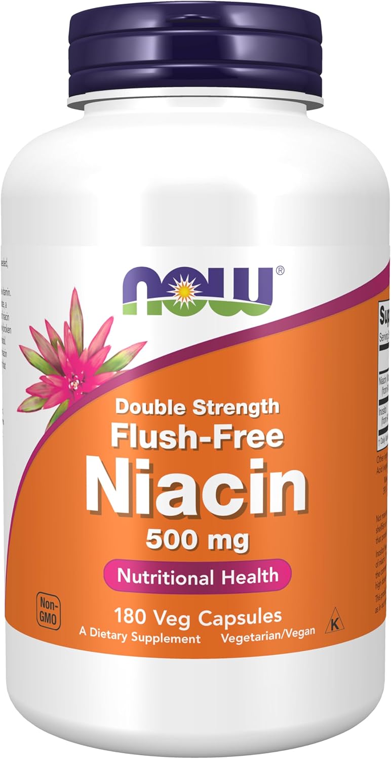 NOW Foods Supplements, Niacin (Vitamin B-3) 500 mg, Flush-Free, Double Strength, Nutritional Health, 180 Veg Capsules