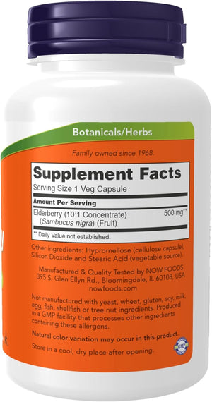NOW Foods Supplements, Elderberry (Sambucus nigra)500 mg, 10:1 Concentrate, 120 Veg Capsules