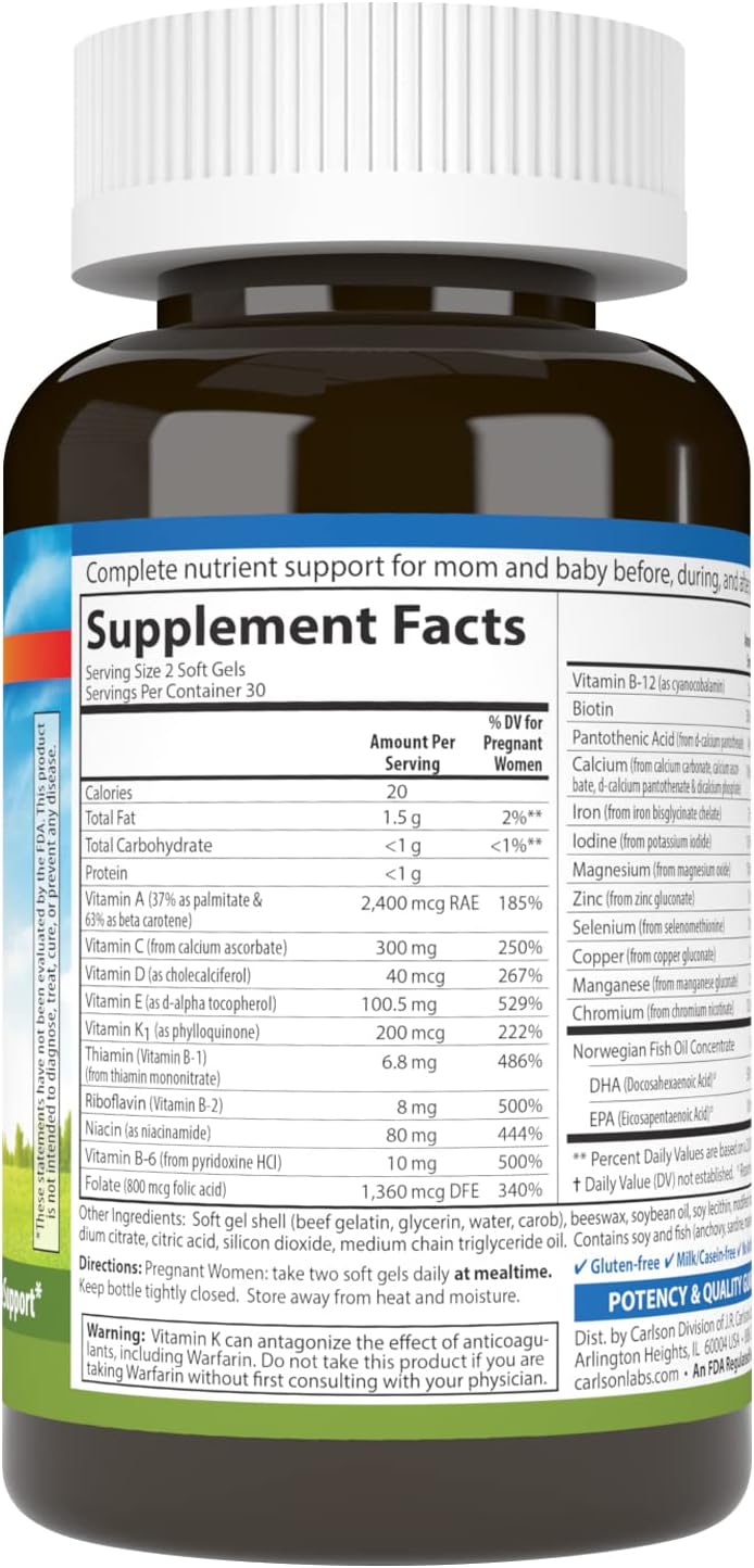 Carlson - Prenatal, Multiple with DHA &amp; Vitamin D3, Pregnancy Health, Fetal Development &amp; Immune Support, 60 Softgels