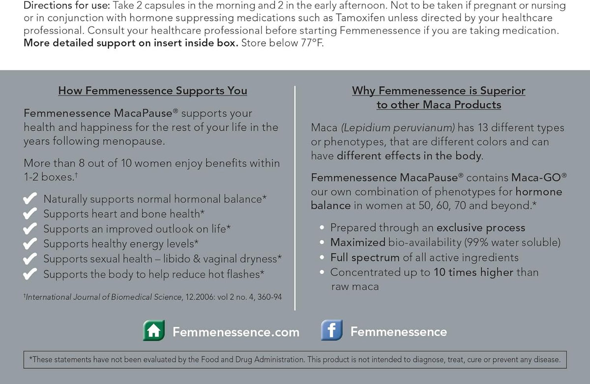 Femmenessence MacaPause – Clinically Proven for Post Menopause, Natural Hormone Balance Supplements for Women, Bone and Heart Health, Symptom Relief, 120 Organic Maca Root Capsules, 30-Day Supply