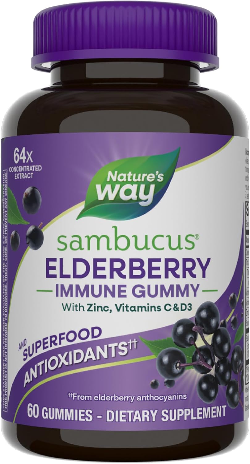 Nature’s Way Sambucus Elderberry Immune Support Gummies for Kids &amp; Adults* with Black Elderberry Extract, Vitamin C, Vitamin D3, and Zinc, 60 Gummies