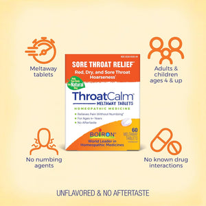 Boiron ThroatCalm Tablets for Pain Relief from Red, Dry, Scratchy, Sore Throats and Hoarseness - 60 Count