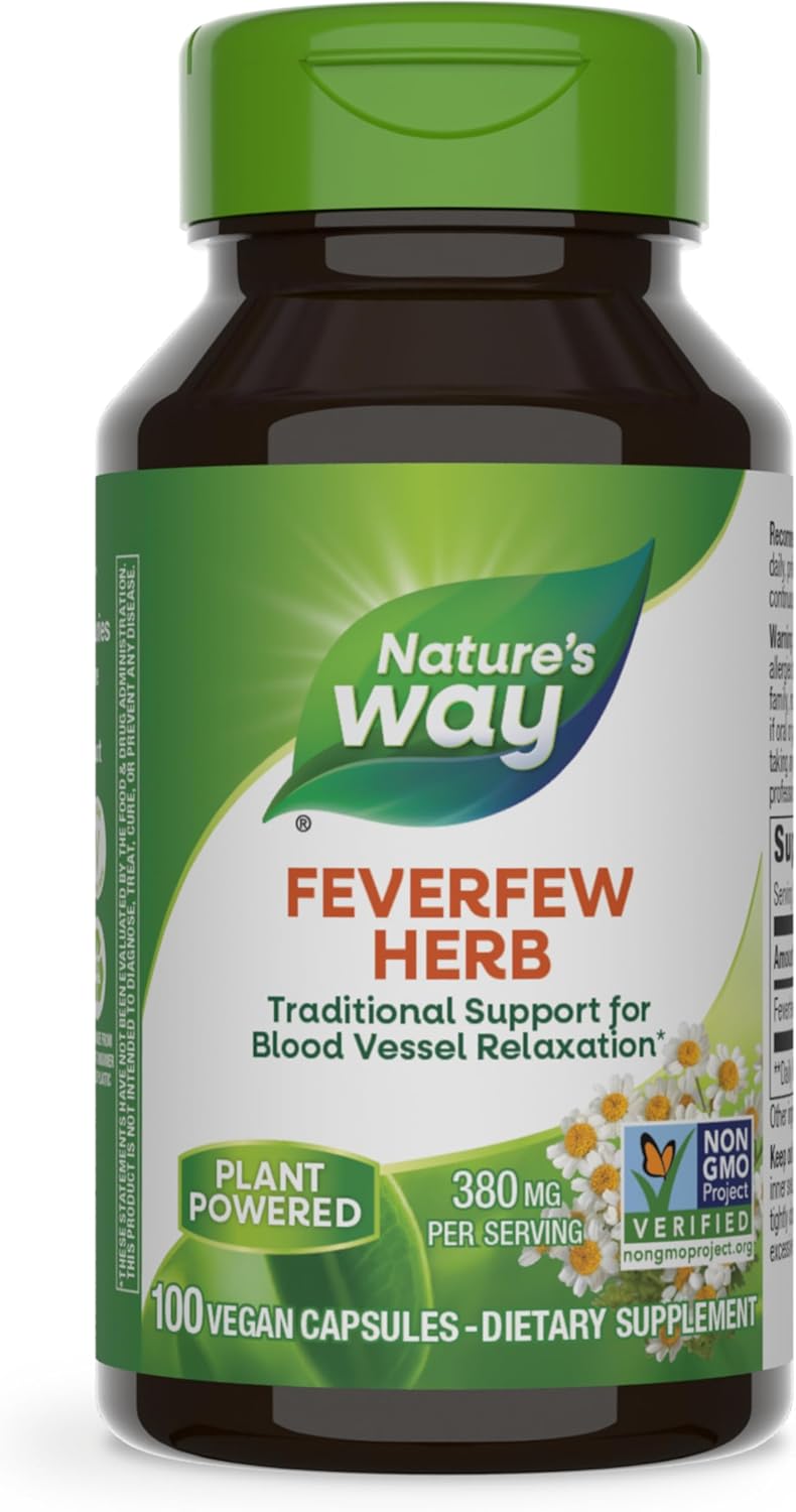 Nature's Way Feverfew Herb, Traditional Support for Blood Vessel Relaxation*, 380 mg per Serving, Non-GMO Project Verified, 100 Vegan Capsules