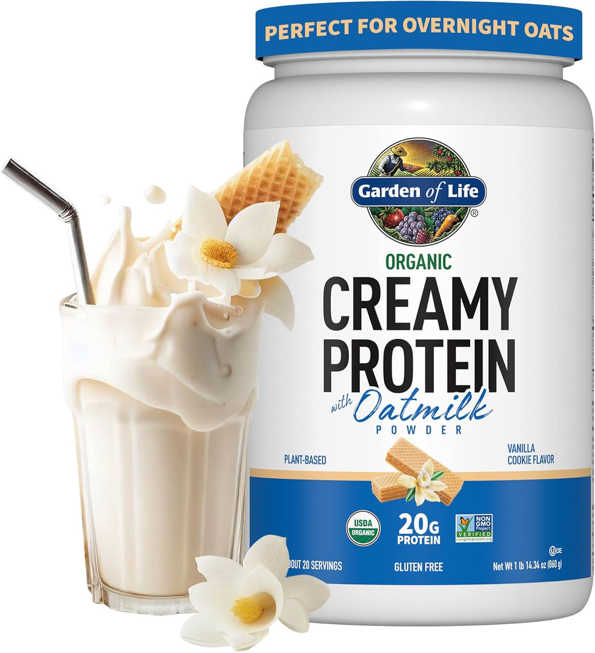 Garden of Life Creamy Vanilla Cookie Protein Powder + Oatmilk 20g Organic Vegan Plant Based Protein, Coconut Water, MCTs, Sprouted Grains, Prebiotics, Probiotics – Non-GMO, Gluten-Free, 1.90 LB
