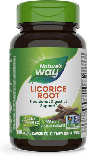 Nature's Way Licorice Root, Traditional Digestive Support Supplement*, 900 mg per 2-Capsule Serving, Non-GMO Project Verified, 100 Vegan Capsules
