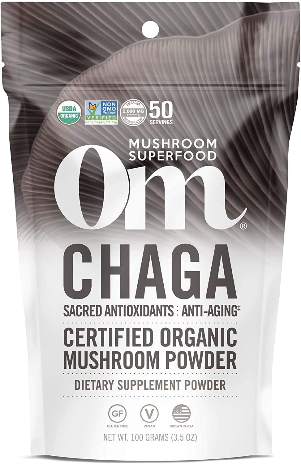 Om Mushroom Superfood Chaga Organic Mushroom Powder, 3.5 Ounce, 50 Servings, US Grown, Sacred Antioxidants &amp; Immune Support, Superfood Mushroom Supplement