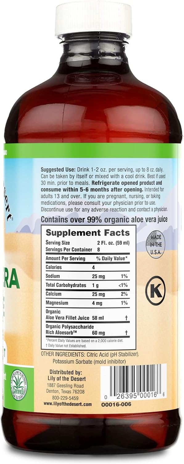 Lily Of The Desert Aloe Vera Juice Drink, Inner Fillet, Vegan Dietary & Immune Support, Gluten Free Liquid Digestive Aid, No Water Added, 16 Fl Oz