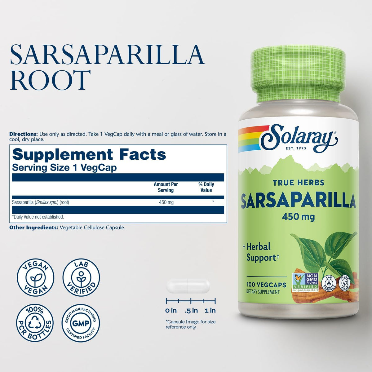 SOLARAY Sarsaparilla Root 450 mg - Traditional Herbal Support - Non-GMO, Vegan, Lab Verified - 60-Day Money-Back Guarantee - 100 Servings, 100 VegCaps