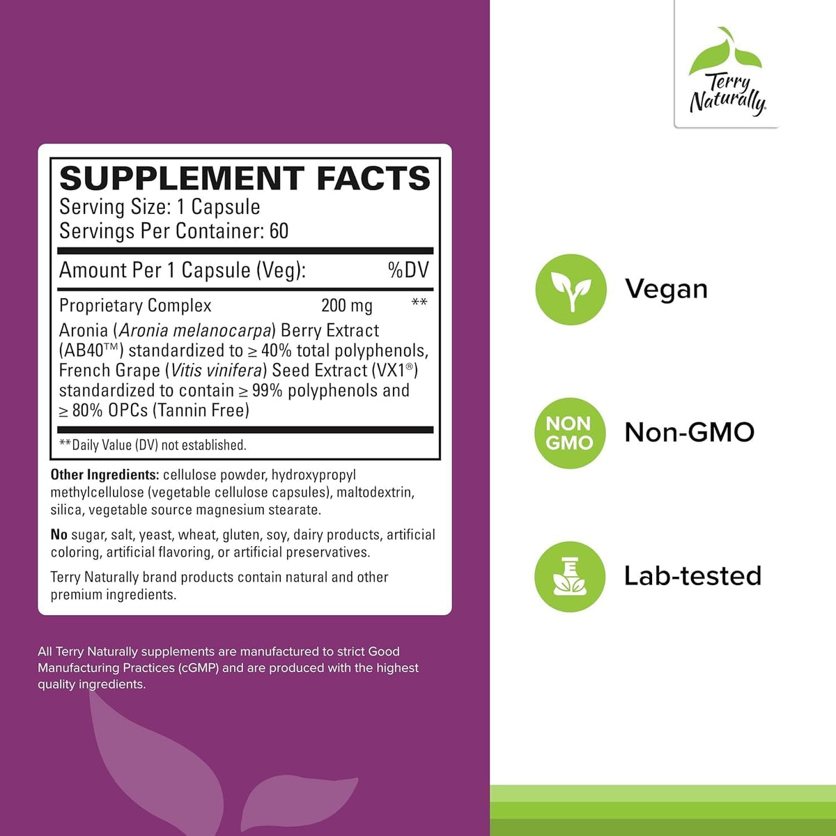 Terry Naturally Aronia Berry Complex - Antioxidant Support Supplement with Grape Seed Extract - Dietary Supplement Formula to Support Healthy Heart Function - 60 Capsules (60 Servings)