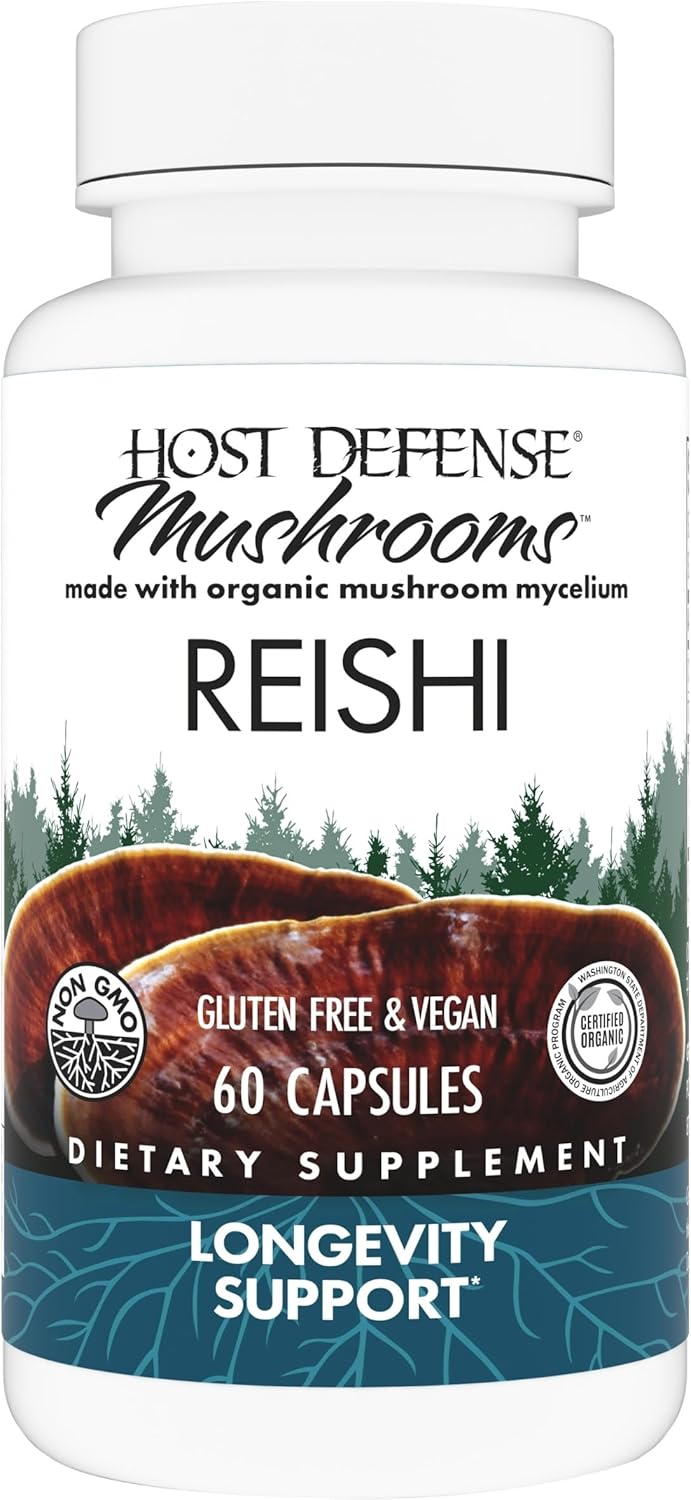 Host Defense Reishi Capsules - Heart &amp; Immune Health Support Supplement - Mushroom Supplement to Support Energy &amp; Vitality - Reishi Supplement to Aid Overall Well-Being - 60 Capsules