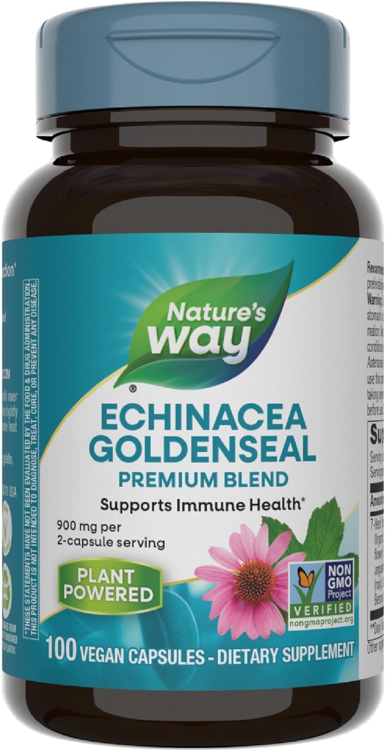 Nature&#39;s Way Echinacea Goldenseal, Premium Blend, Supports Immune Health*, 900 mg per 2-Capsule Serving, Non-GMO Project Verified, Vegan, 100 Capsules