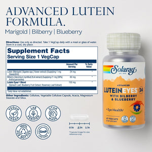 SOLARAY Advanced Lutein Eyes 24 mg - Lutein and Zeaxanthin Supplements - Eye Health Support with Blueberry and Bilberry Extract - Vegan, 60-Day Guarantee, Lab Verified - 60 Servings, 60 VegCaps